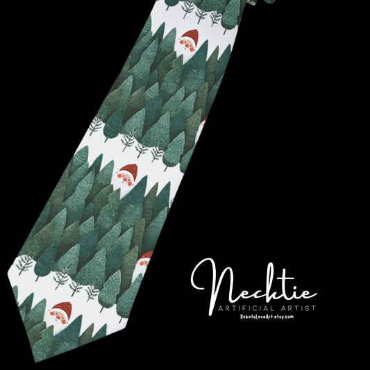 Santa Peeking through Forest Pattern Tie, Holiday Gift for Him, Eco-Friendly Accessory