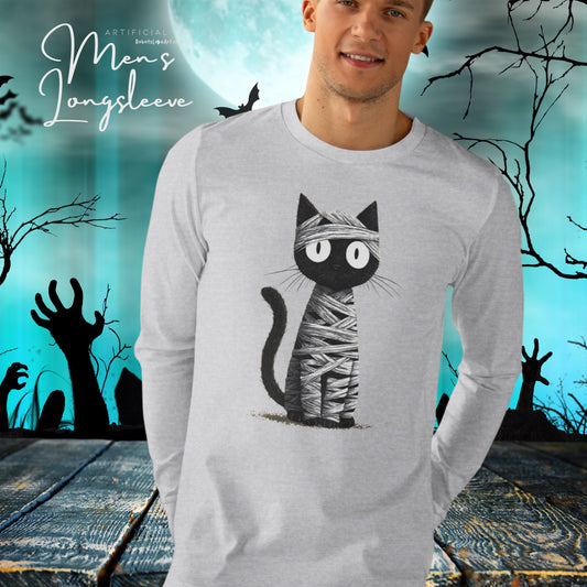 Men’s Cat Mummy Longsleeve Tee, Fun Halloween Shirt, Cat Lover Gift, Cozy Fall Fashion, Unique Graphic Tee