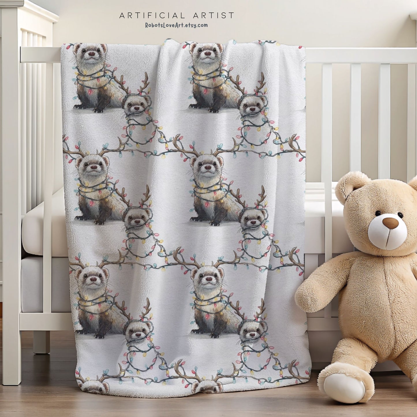 Velveteen Blanket - Otters in Xmas Lights Pattern