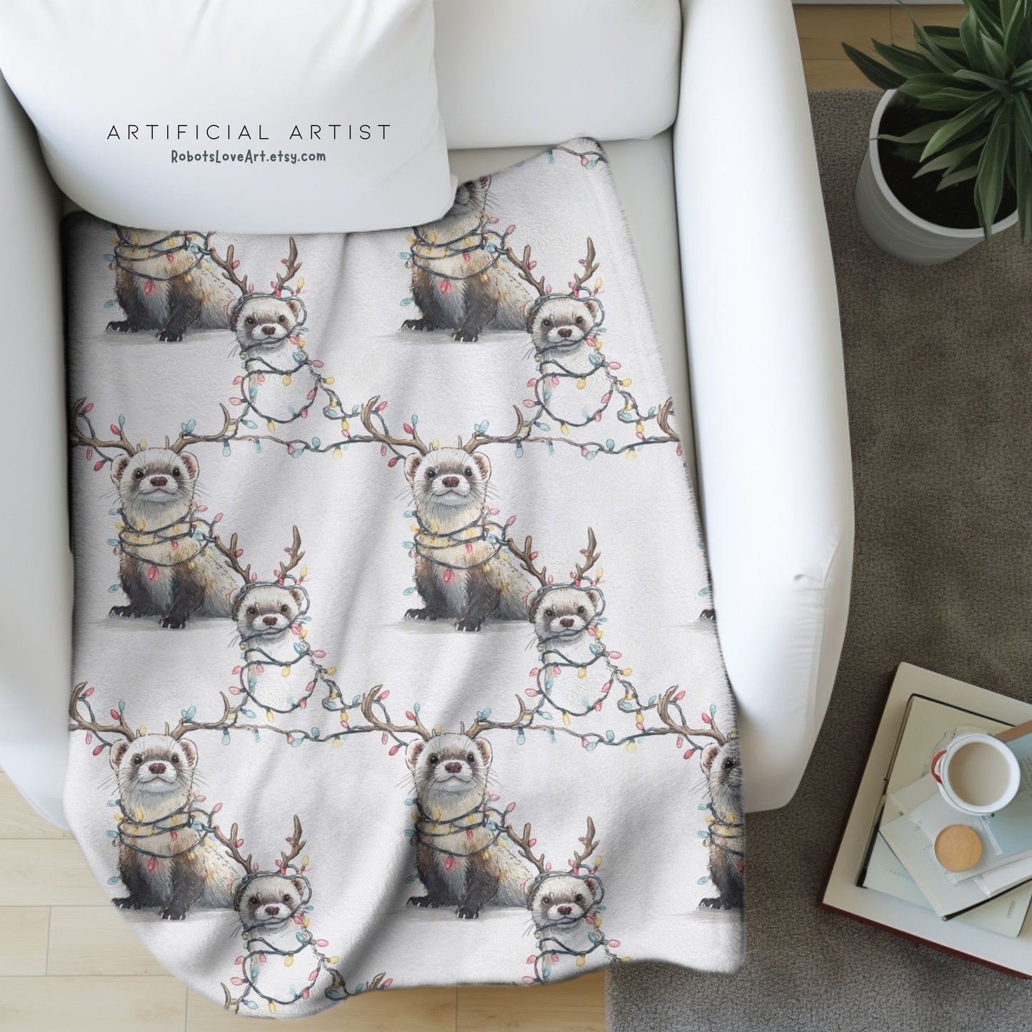 Velveteen Blanket - Otters in Xmas Lights Pattern