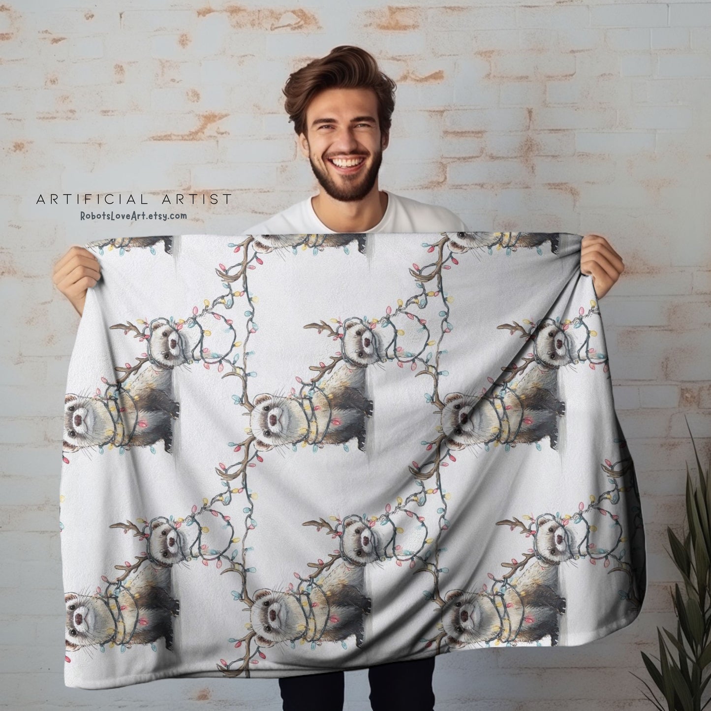 Velveteen Blanket - Otters in Xmas Lights Pattern