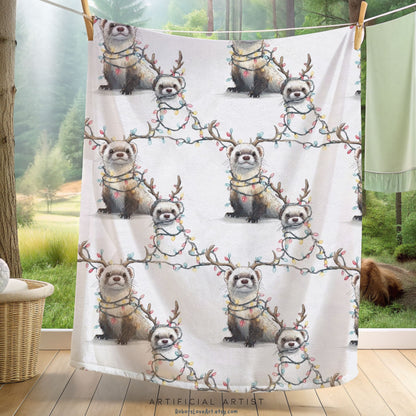 Velveteen Blanket - Otters in Xmas Lights Pattern