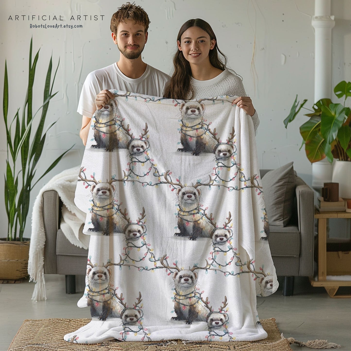 Velveteen Blanket - Otters in Xmas Lights Pattern