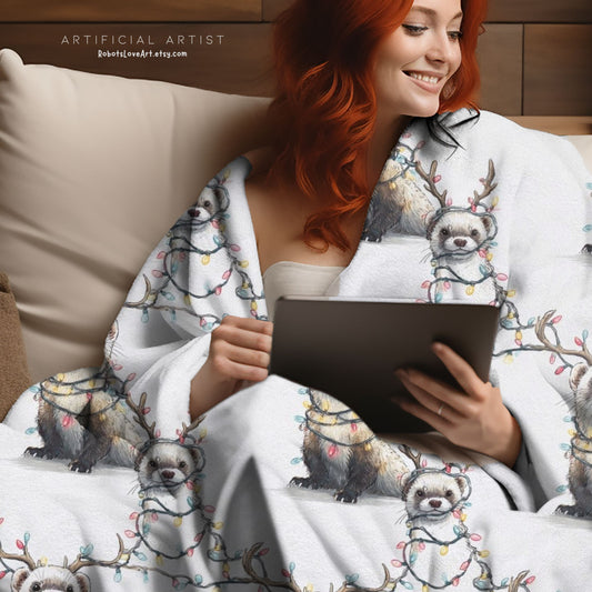 Velveteen Blanket - Otters in Xmas Lights Pattern