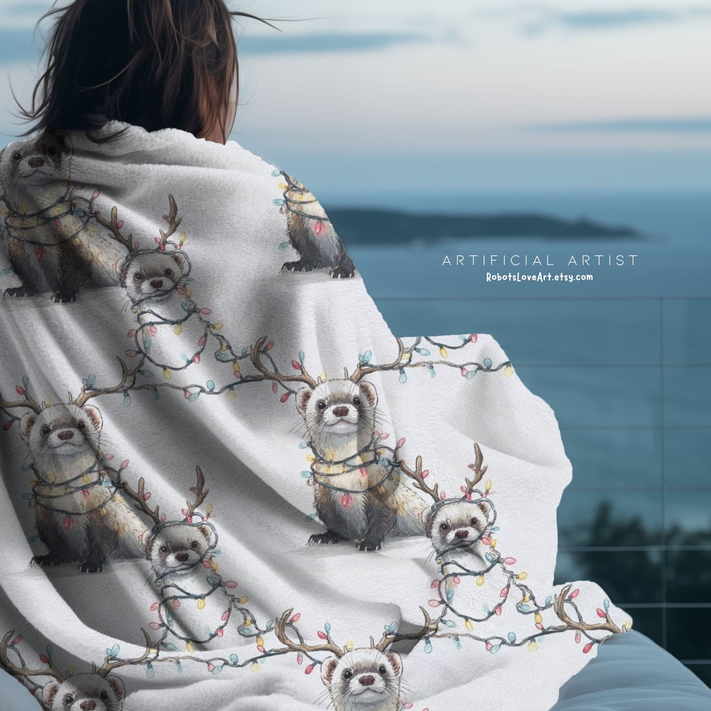 Velveteen Blanket - Otters in Xmas Lights Pattern