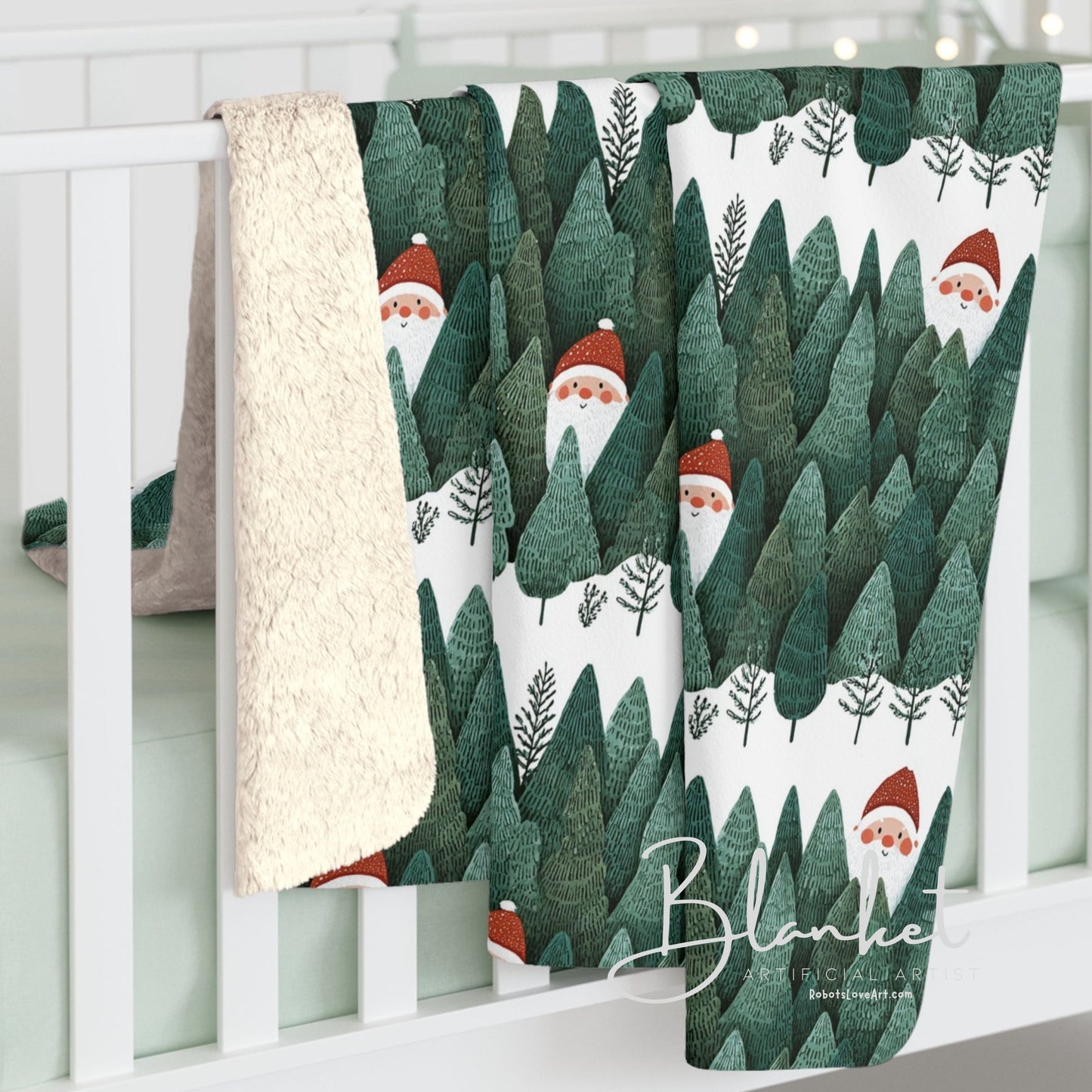 Cozy Sherpa Fleece Blanket with Peeking Santa Forest Design, Soft Throw Blanket, Winter Decor, Camping Blanket, Holiday Gift