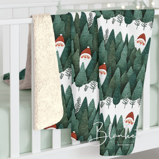 Cozy Sherpa Fleece Blanket with Peeking Santa Forest Design, Soft Throw Blanket, Winter Decor, Camping Blanket, Holiday Gift