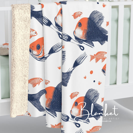 Cozy Fish Pattern Sherpa Fleece Blanket, Warm Throw Blanket, Home Decor, Gift for Fish Lovers, Snuggle Blanket, Nursery Blanket