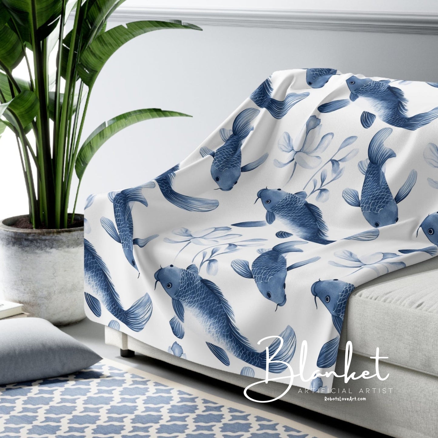 Sherpa Fleece Blanket - Quaint Blue Koi Pattern