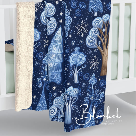 Sherpa Fleece Blanket - Dreamy Blue Starry Night Midnight Trees Design