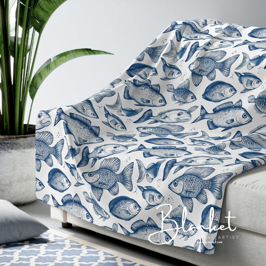 Sherpa Blanket - Let's Go Fishing Cute Small Fish Pattern