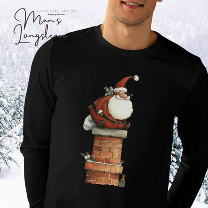 Festive Men’s Base Longsleeve Tee, Christmas Shirt, Santa in Chimney Design