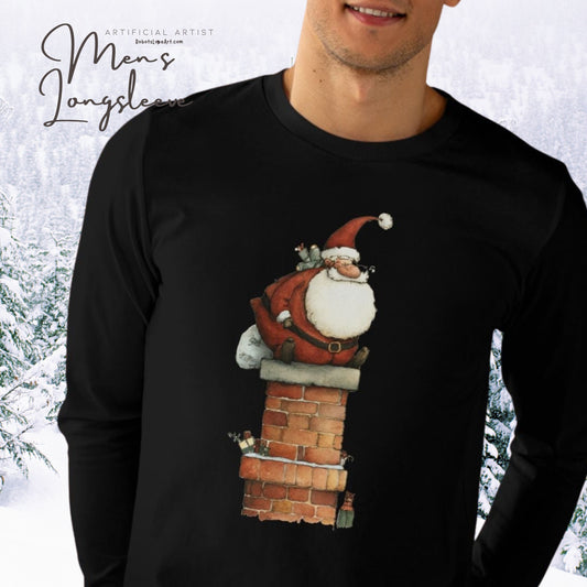Festive Men’s Base Longsleeve Tee, Christmas Shirt, Santa in Chimney Design