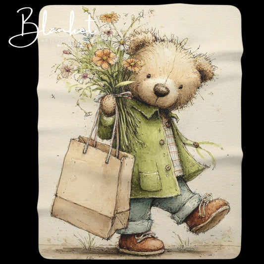 Cozy Floral Bear Sherpa Fleece Blanket, Soft Baby Blanket, Kids Blanket, Nursery Decor, Gift for Paddington Bear Fans
