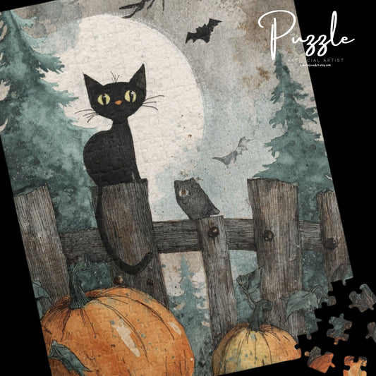Halloween Cat Puzzle - Spooky Decor, Autumn Fun Activity, Fall Gift, Family Game Night, Cat Lover's Gift