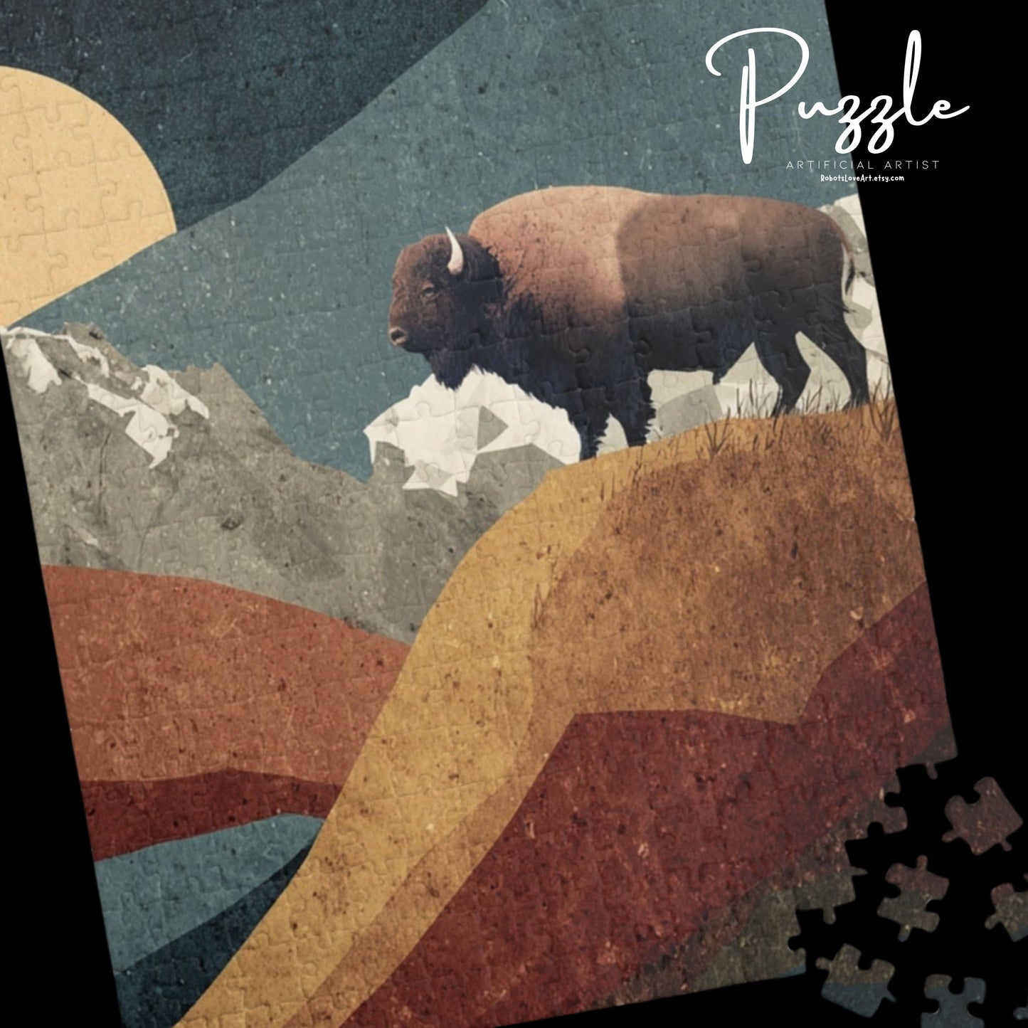 Rustic Mountain Buffalo Puzzle | Nature Lover Gift | Family Game Night | Unique Home Decor | Eco-Friendly Activity | Adventure Puzzle