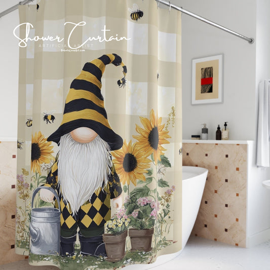 Sunny Gnome Shower Curtain, Bee Themed Home Accessory, Gift for Garden Lovers, Cute Bathroom Update