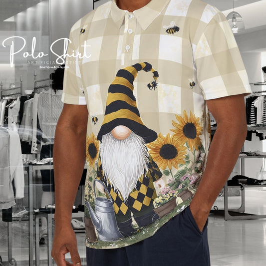 Whimsical Gnome Polo Shirt, Unisex Summer Shirt, Bee & Sunflower Print, Casual Garden Attire, Unique Gift for Garden Lovers