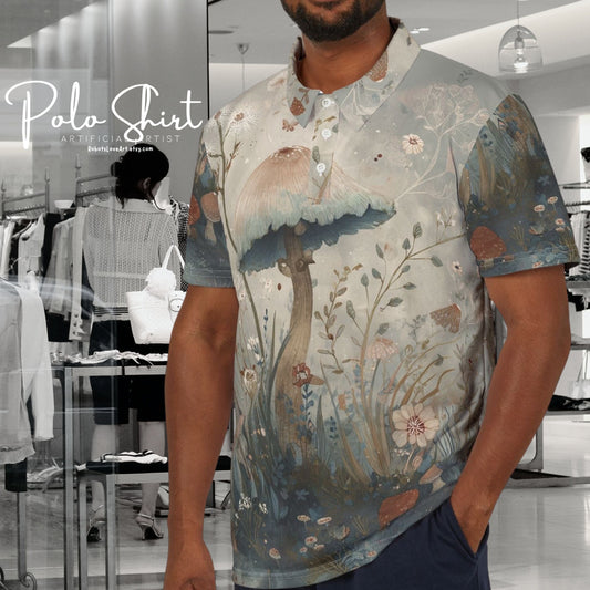 Boho Mushroom Polo Shirt - Artistic Floral Design, Unisex Polo, Summer Casual Wear, Garden Party Shirt, Eco-Friendly Fashion