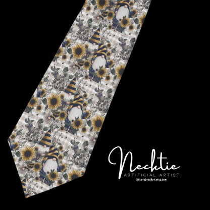 Gnome Floral Necktie, Cottagecore Tie, Unique Gift for Him, Formal Accessories, Sunflower Halloween Tie