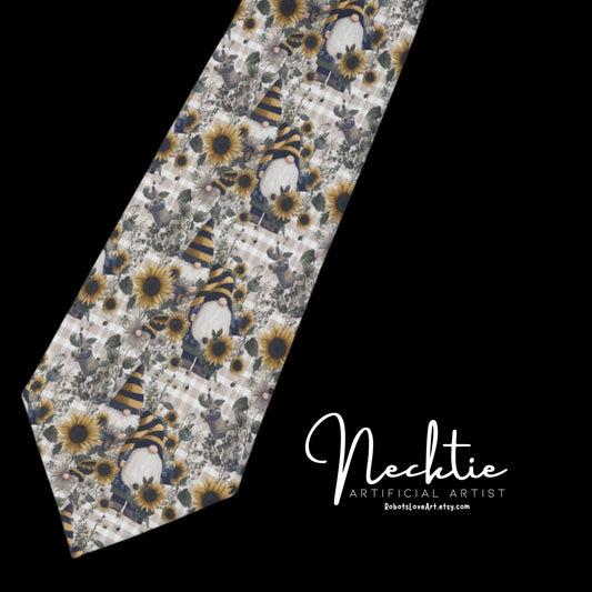 Gnome Floral Necktie, Cottagecore Tie, Unique Gift for Him, Formal Accessories, Sunflower Halloween Tie