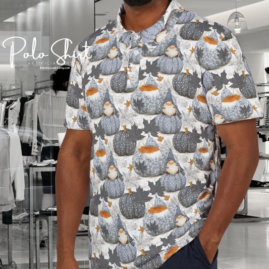 Autumn Gnome Vibes Unisex Polo Shirt, Festive Fall Apparel, Pumpkin Themed Top, Casual Thanksgiving Outfit
