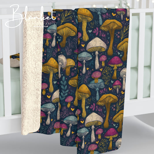 Mushroom Patch Sherpa Fleece Blanket, Cozy Throw Blanket, Gift for Chef, Warm Soft Blanket for All Occasions