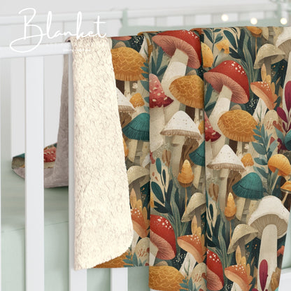 Cozy Mushroom Pattern Sherpa Fleece Blanket | Perfect for Fall, Home Décor, Gift for Nature Lovers, Cozy Nights, Outdoor Adventures