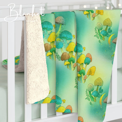Sherpa Fleece Blanket - Electric Green Mushroom Pattern