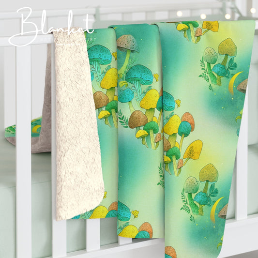 Sherpa Fleece Blanket - Electric Green Mushroom Pattern