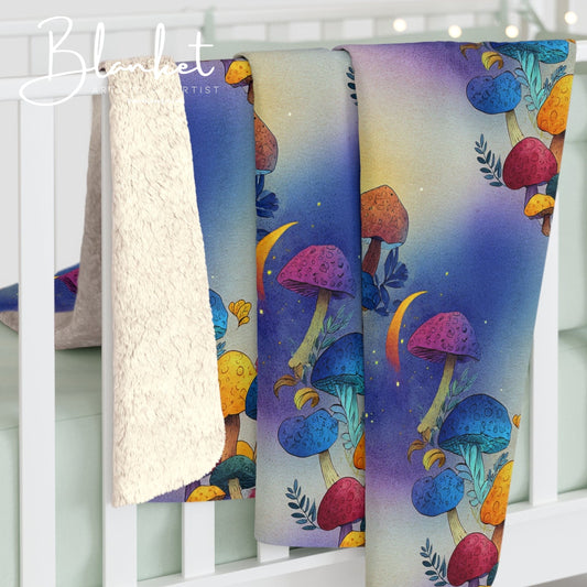 Bright and Very Colorful Mushroom Pattern Sherpa Fleece Blanket