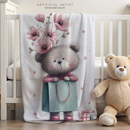 Adorable Floral Teddy Bear Velveteen Plush Blanket, Cozy Gift for Kids, Nursery Decor, Plush Throw, Baby Shower, Birthday