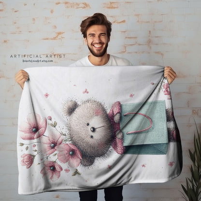 Adorable Floral Teddy Bear Velveteen Plush Blanket, Cozy Gift for Kids, Nursery Decor, Plush Throw, Baby Shower, Birthday