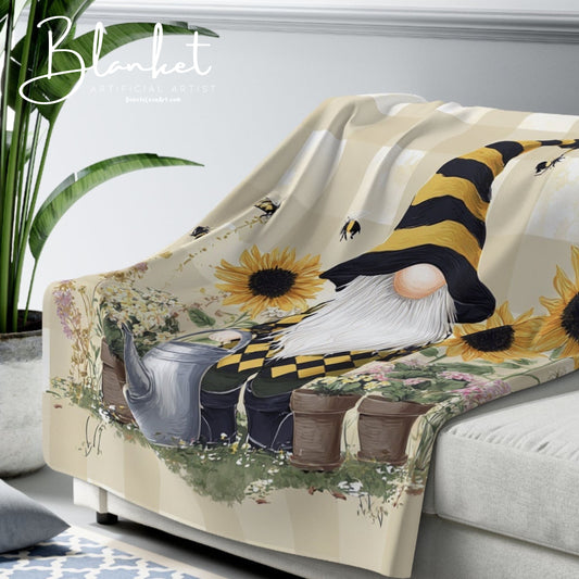 Fall Sunflower Gnome Sherpa Fleece Blanket with Bee and Gnome Design, Gift for Garden Lovers, Autumn Decor, Snuggle Companion
