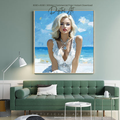 Sexy Blonde Beach Elegance| Instant Download | Fantasy Digital AI Art | Maralyn Monroe Inspired