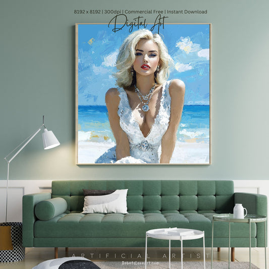 Sexy Blonde Beach Elegance| Instant Download | Fantasy Digital AI Art | Maralyn Monroe Inspired