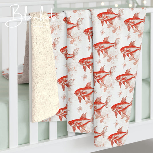 Cozy Orange Fish Sherpa Fleece Blanket with Goldfish Pattern | Gift for Aquatic Lovers