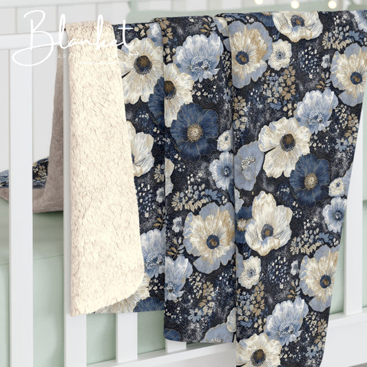 Dark Blues Floral Sherpa Fleece Blanket - Ideal Gift for Weddings, Birthdays, Housewarming