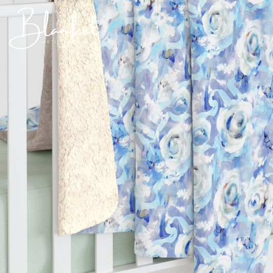 Cozy Blue Floral Sherpa Fleece Blanket, Ideal Gift for Weddings, Birthdays, Baby Shower