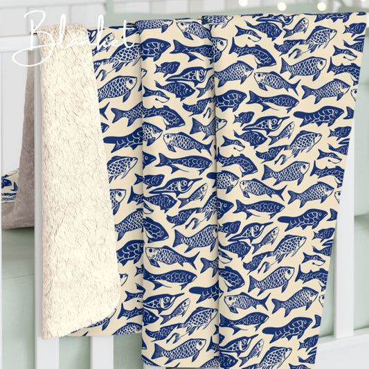 Nautical Sherpa Fleece Blanket, Cozy Sea Life Throw, Perfect for Beach Lovers
