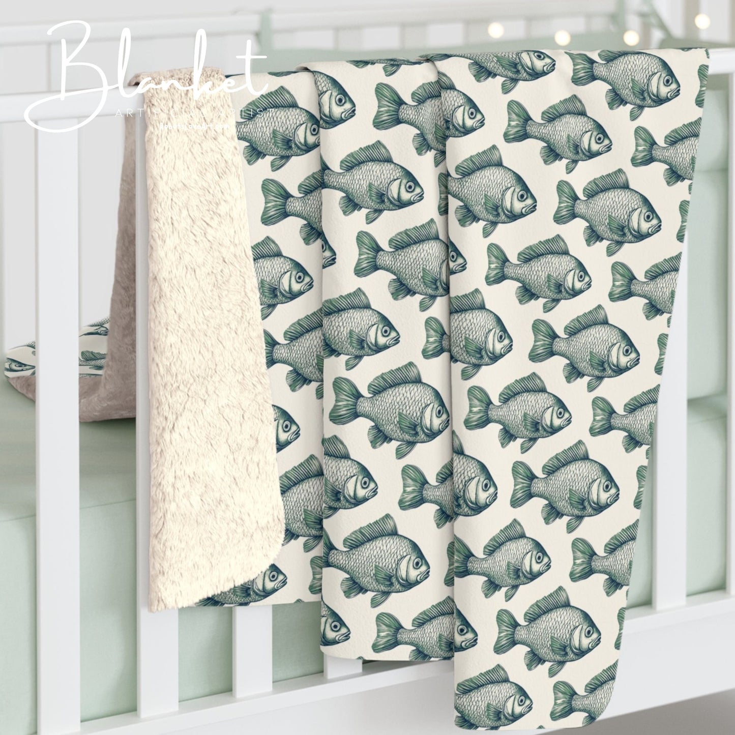 Cozy Green Minnow Fish Pattern Sherpa Fleece Blanket,Fishing Enthusiasts, Warm Throw Blanket