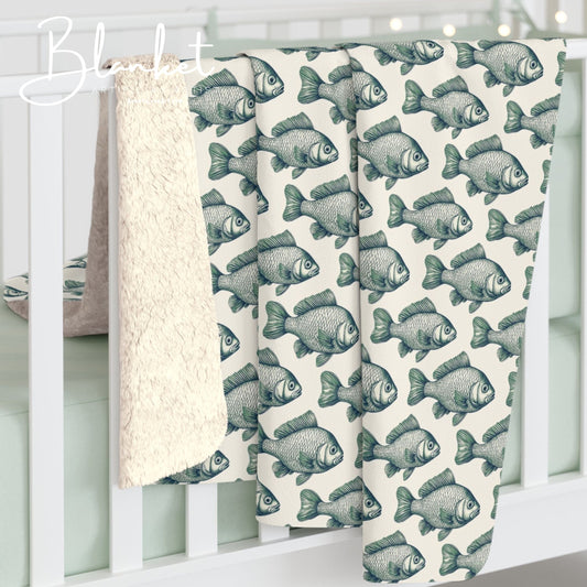 Cozy Green Minnow Fish Pattern Sherpa Fleece Blanket,Fishing Enthusiasts, Warm Throw Blanket
