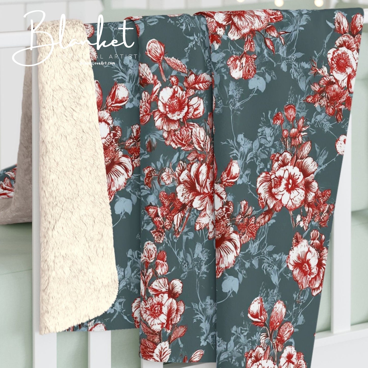 Stunning Colors Sherpa Fleece Blanket - Red and Green Floral Design