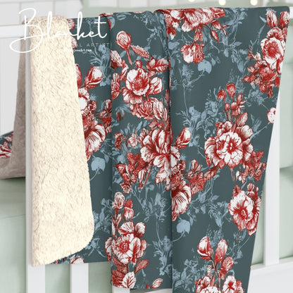 Stunning Colors Sherpa Fleece Blanket - Red and Green Floral Design