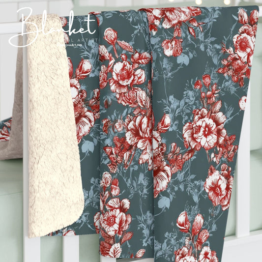 Stunning Colors Sherpa Fleece Blanket - Red and Green Floral Design