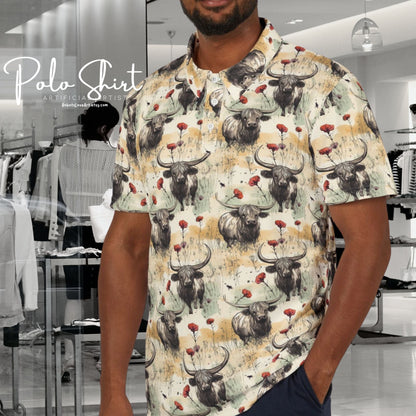 Retro Grunge Highland Cow Pattern Unisex Polo Shirt, Casual Summer Wear