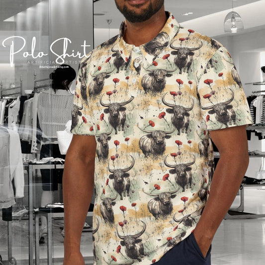 Retro Grunge Highland Cow Pattern Unisex Polo Shirt, Casual Summer Wear