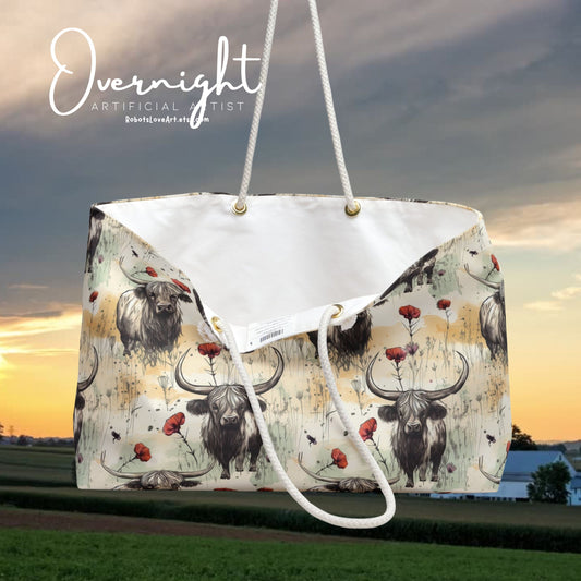 Charming Highland Cow Weekender Bag, Travel Tote, Vacation Bag, Animal Print Overnight Bag, Boho Chic Essentials