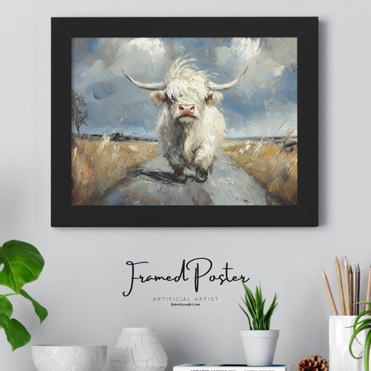 Poster - Cute White Highland Cow Running Down Road Escapee