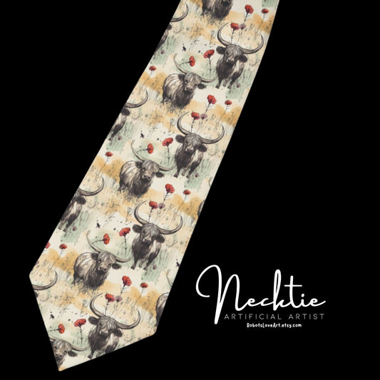 Grunge Colors Short Legged Highland Cow Print Necktie, Gift for Scottish Cow Lovers, Homestead Print